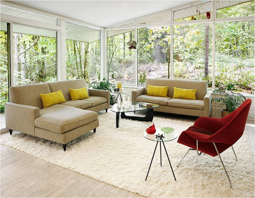 beige-sofa-with-yellow-cushions-completed-with-stylish-glass-coffee-table-and-white-modern-rug-feat-round-end-table-besides-red-chair